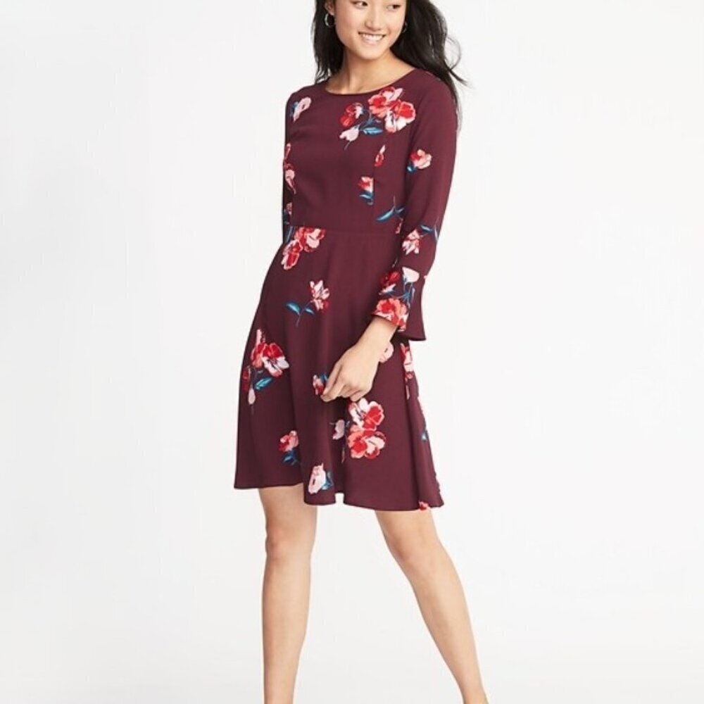 OLD NAVY Fit & Flare Dress size L Long Flute Sleeves BURGUNDY RED Floral Cute! - Picture 2 of 11
